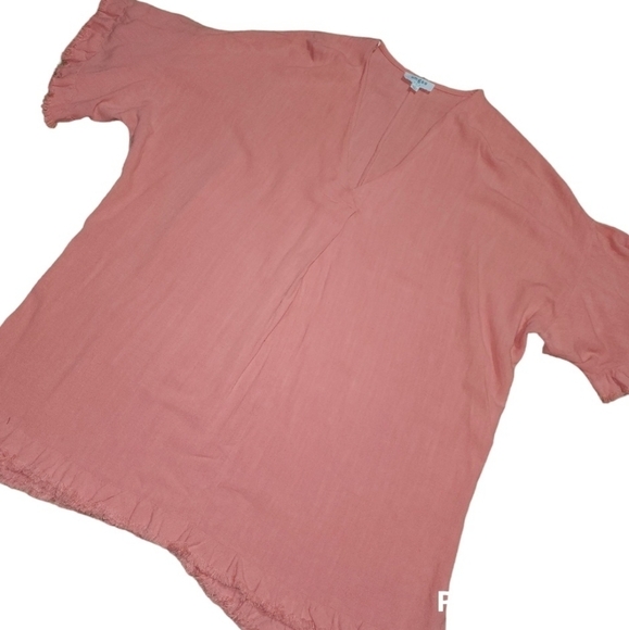 Umgee Tunic Dress Medium Coral Ruffle Short Sleeve Frayed Hem Boho Festival - Picture 1 of 5